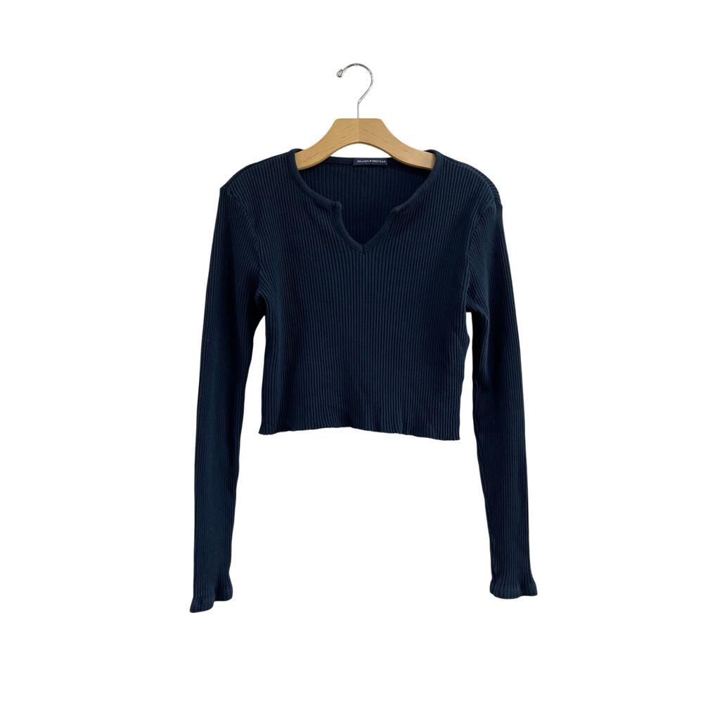 Brandy Melville Navy Ribbed Crop Sweater Raw Hem V Neck Cotton Top OS